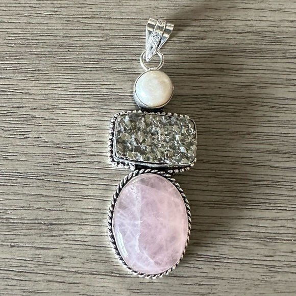 🆑 0833 Rose Quartz Pearl Pendant Handmade Silver Gemstone Statement Jewelry - Picture 1 of 8